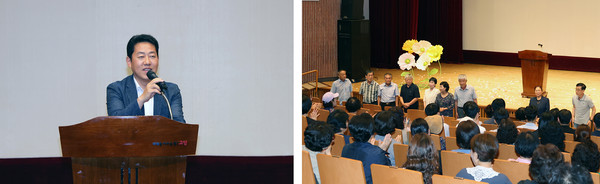 (왼쪽) 오영석 농협 고양시지부장이 인사말을 하고 있다.  (오른쪽)원당농협 임원들이 교육생들에게 인사하고 있다.