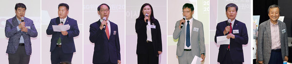 (왼쪽부터) 조원용 경기관광공사 사장, 조규태 서울 YMCA회장, 고문현 한국ESG학회장, UN피스코 윤순진 본부장 김유열 EBS사장,  김용규 경기도문화원연합회장,  축사를 했다.