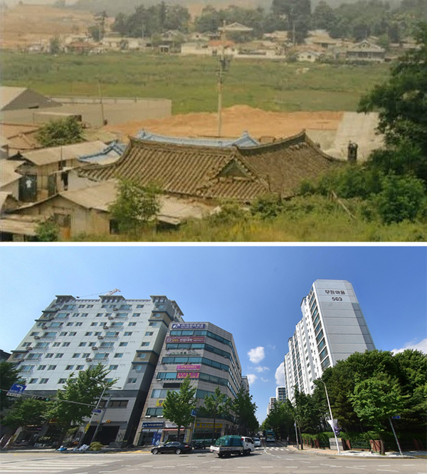 사진 위는 택지개발 이전 지도읍 행신리의 농촌 자연마을 풍경[사진=정동일]. 아래는 택지개발 이후 번화한 신시가지로 변모한 행신지구 무원마을의 모습.