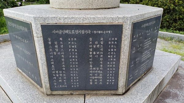 기념비 하단에는 종목별 참가국과 순위, 수상자 명단이 상세히 새겨져 있다. 