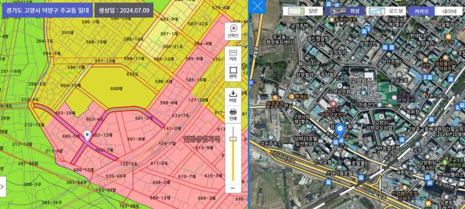 고양시청 정문 방향 상업지역(붉은색)는 2014년 1월 원당재정비촉진지구에서 해제됐다. '고양시청.덕양구보건소' 버스정류장은 상업지역에 해당해 도로 확장 및 정비가 현실적으로 어렵다. 