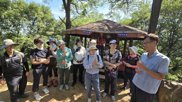 지난달 31일 봉대산 정상 팔각정 앞에서 마을숲 탐방객들이 이야기를 나누고 있다.