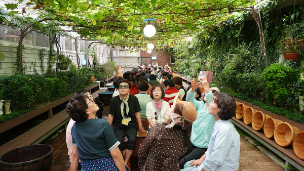 견학을 간 회원들이 영동 포도농원을 즐기고 있다.