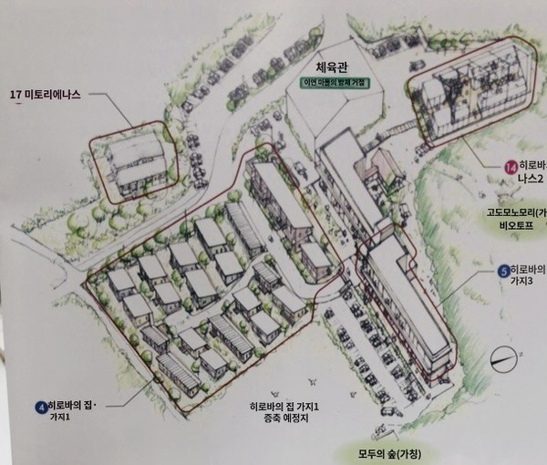 중앙의 길게 자리잡은 폐교를 리모델링한 공용공간, 게스트하우스를 중심으로 왼쪽에 건강한 이들을 위한 주거공간, 오른쪽에 요양원, 위쪽에 호스피스 공간이 자리하고 있다. 