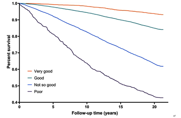 노르웨이 사람 2만 4336명을 대상으로 1994년부터 20년간 코호트 연구(cohort study : 특정 집단을 연구 대상자로 선정해 그들을 장기간 추적 관찰하며 시간의 흐름에 따라 어떤 원인에 의해 어떤 결과가 나타나는지를 탐구하는 연구방법)를 한 결과에 따르면 자신이 건강하다고 생각한 사람은 80% 이상이 살아 있었지만, 자신이 건강하지 못하다고 생각한 사람은 거의 절반 가까이가 사망한 것으로 나타났다. Lorem, G., S. Cook, D. A. Leon, N. Emaus and H. Schirmer (2020). "Self-reported health as a predictor of mortality: A cohort study of its relation to other health measurements and observation time." Scientific Reports 10(1): 4886. [그래프 = 김혜성 이사장 발제 자료에서 재인용]