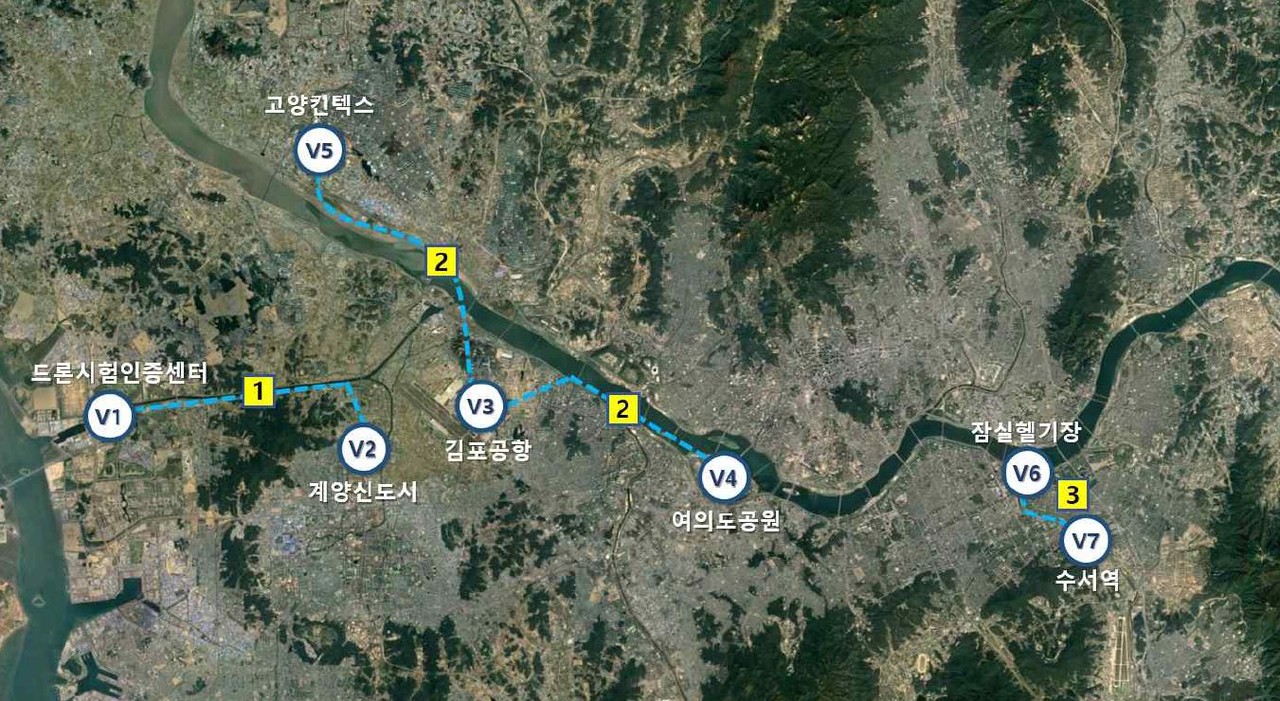 국토부 주관 K-UAM 2단계 실증노선. 아라뱃길(드론인증센터~계양), 한강(고양 킨텍스~김포공항~여의도), 탄천(송파구잠실헬기장~수서역) 노선에 대해 순차적으로 실증사업을 벌일 계획이다.
