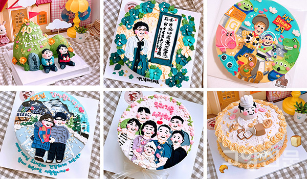 다람라이스의 쌀케이크. 햅쌀가루로 만들어 쫀득한 케이크 위에 팥앙금으로 각자의 추억을 그림으로 그려 넣어준다. 최근엔 보육원생들의 꿈을 응원하는 케이크 제작봉사(맨오른쪽 아래 케이크)도 하고 있다.