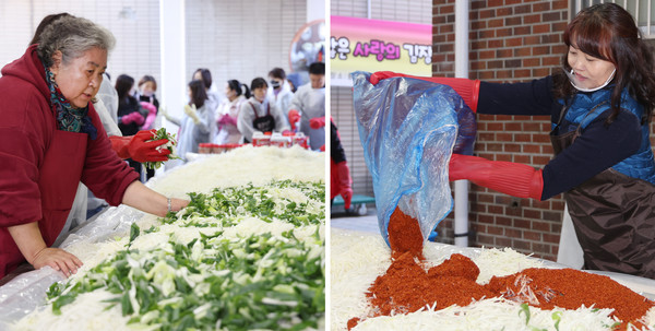 김미령 풍산동 지역사회보장협의체 위원장(왼쪽)과  장은옥 풍산동장(오른쪽)이 김장재료를 준비하고 있다.