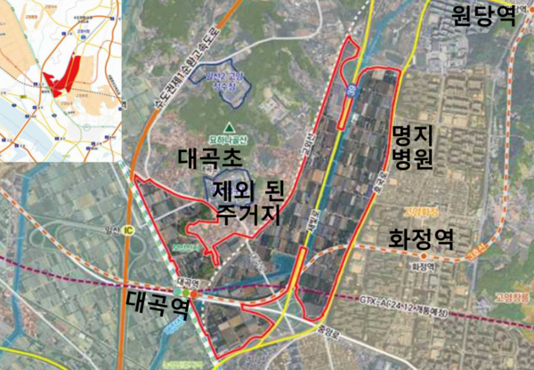 최근 국토부가 발표한 대곡역세권 개발 구상안. 명지병원을 포함한 화정역과 원당역 방향으로 뻗어있다.