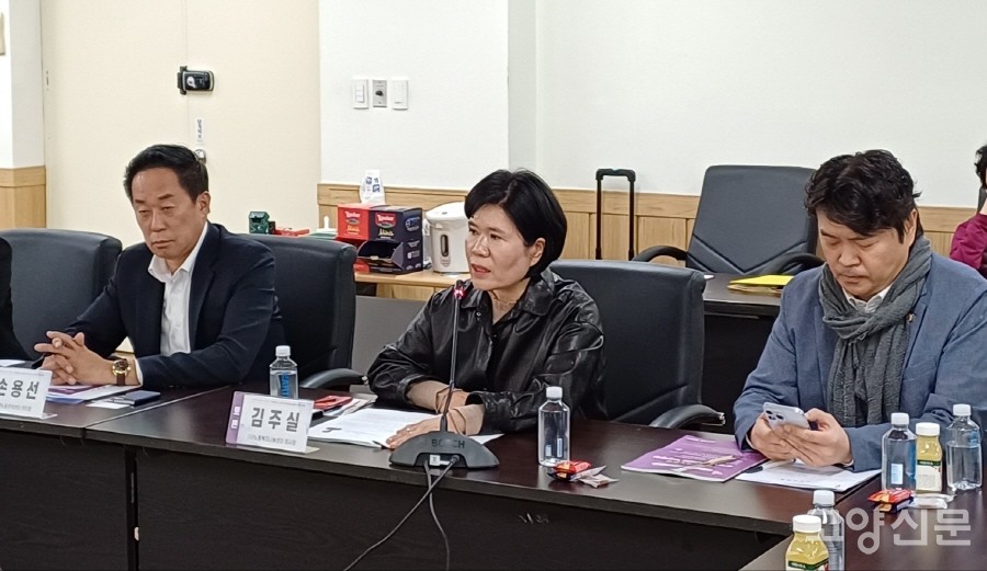 토론회 취지를 밝히고 있는 김주실 노동복지나눔센터 이사장(가운데).