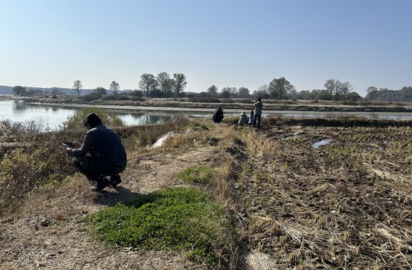 DMZ생물다양성연구소 조사원들이 지난 9일 임진강변에서 생물다양성 보전활동 생태조사를 하고 있다.