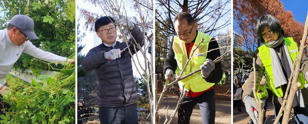 (왼쪽부터)정윤채 송포동장, 서병하 일산서구청장, 김완규·심홍순 도의원도 무궁화 나무 관리에 관심이 많다.