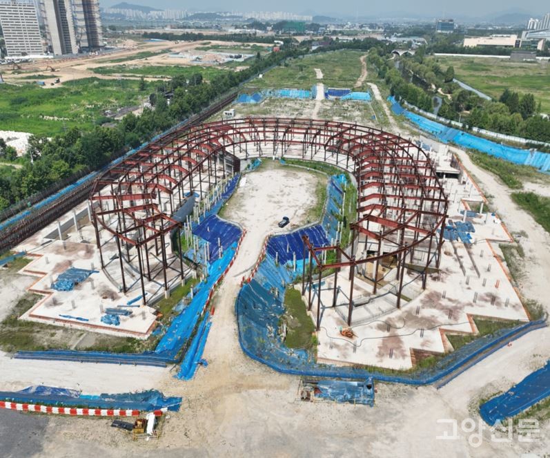2021년 10월 착공했다가 2023년 4월 공사가 멈춘 아레나 구조물. 17% 공정률에서 멈춘 이 아레나 구조물은 CJ에서 경기도로 소유권이 이전하게 된다.  [사진제공 = 경기도]