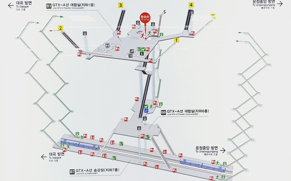 복잡한 역의 구조를 한눈에 볼 수 있게 표현한 킨텍스역 안내도. 