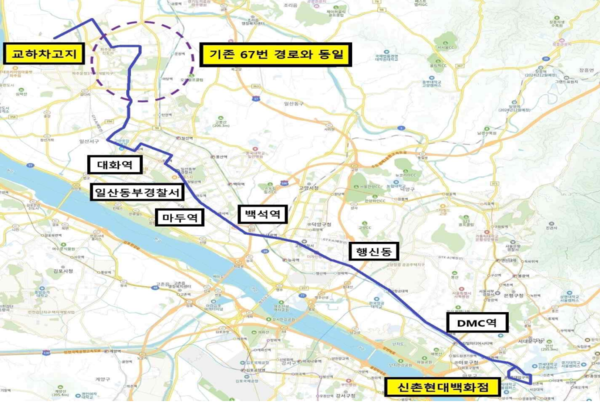 GTX 운정중앙역을 경유하는 65번 시내버스 노선. 운송업체 명성운수 측은 오는 13일부터 65번 시내버스를 67번 대체 노선으로 신설 운행할 예정이다.  [사진=명성]