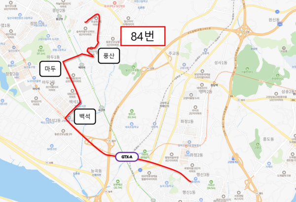 풍동 주민을 위한 84번 버스를 통해 다소나마 대곡역 연계 노선이 늘어났다. 하지만 배차 간격이 평일 42분, 토 20분, 일 20분이다. [사진제공 = 고양시 버스정책과]
