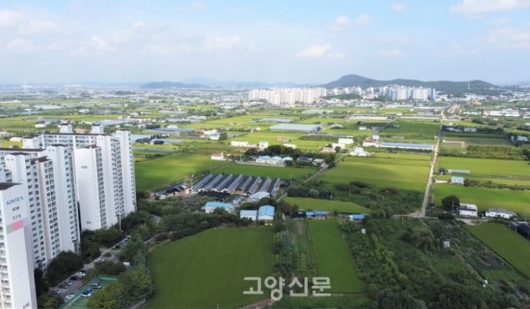 일산서구 대화마을에서 가좌마을 방향으로 바라본 JDS지구. 고양시는 JDS지구 약 520만평에 경제자유구역 지정을 추진하고 있는데 이중 80%가 절대농지다. 경제자유구역 지정과 이에 따른 개발은 절대농지의 해제를 전제로 한다.