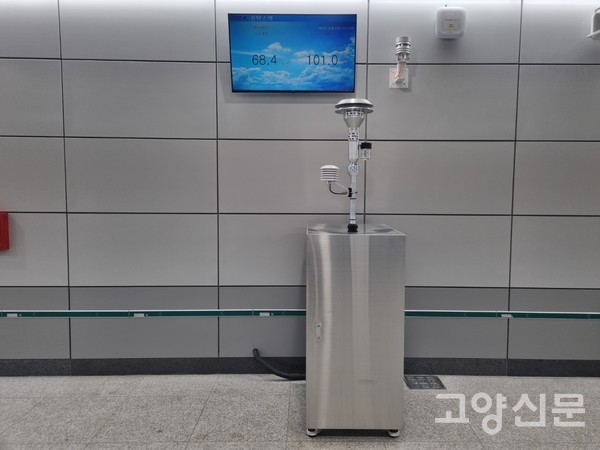 킨텍스역 지하 7층 승강장에 끝 부분에 설치된 실내공기질 측정기기와 모니터. 21일 기준 초미세먼지는 1시간 평균 68.4㎍/㎥,   24시간 평균은 101㎍/㎥다.