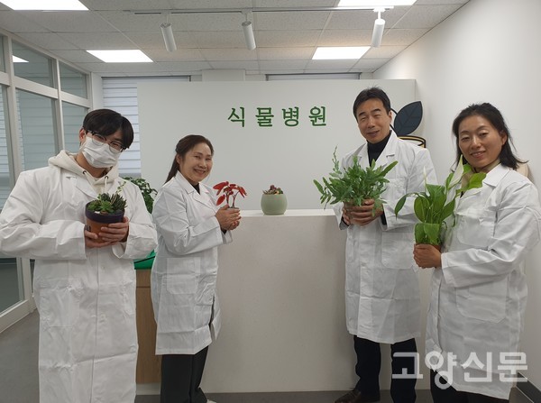 (왼쪽부터)고양시 농업기술센터 김지섭 농촌지도사, 이주형 도시농업팀장, 권지선 소장, 양희경 도시농업팀장이 치료를 받은 후 건강해진 식물을 들고 포즈를 취했다.