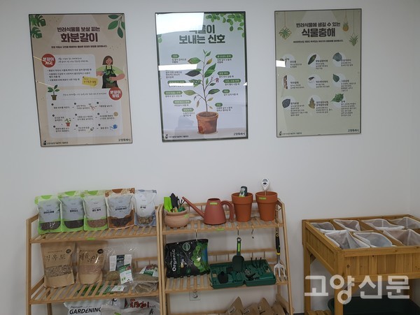 상담실에 반려식물에 관한 다양한 정보 안내문이 붙어있다.