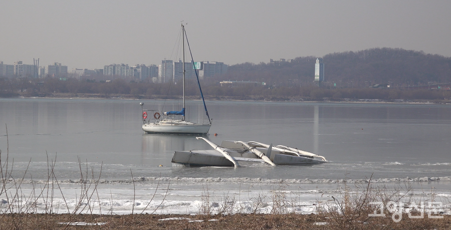 대덕생태공원에서 바라본 한강. 거울처럼 평평한 얼음호수에 요트들이 갇혀있다. 