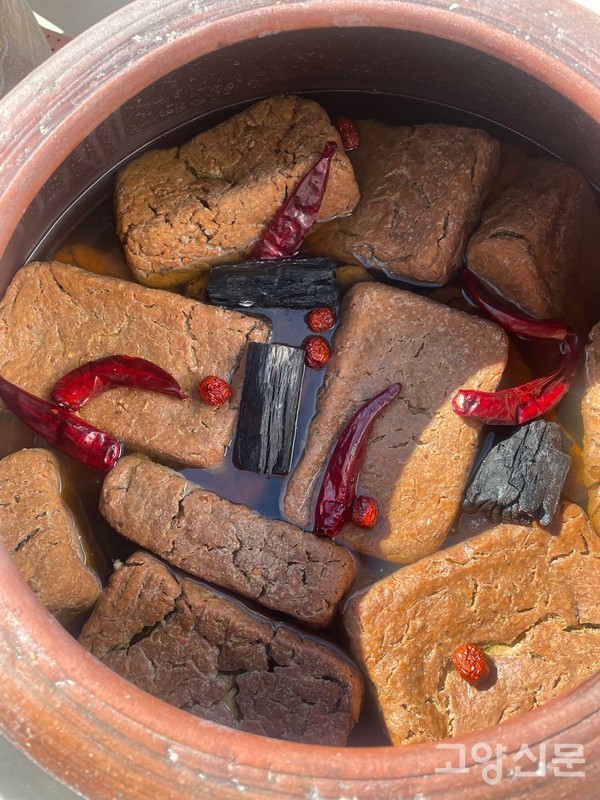 항아리에 메주와 소금물과 건고추 건대추를 넣고 완정한 모습