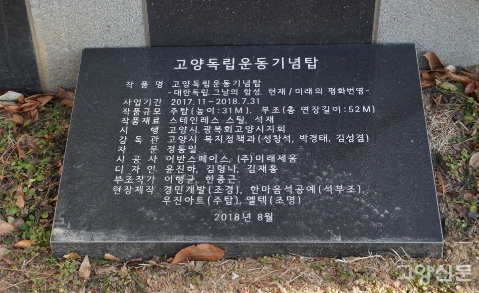 기념탑의 머릿돌 어디에도 고양시장의 이름이 보이지 않는다. 
