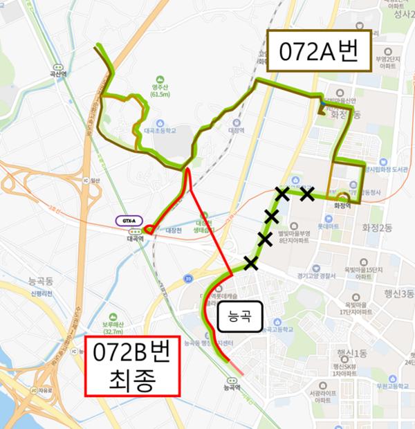 GTX-A 개통 후 대곡역을 경유하던 072번 마을버스가 A,B로 분리됐다. 사진에서 연두색 선이 과거 072버스 노선이며, 빨간색 선은 072B버스 노선, 진녹색 선은 072A버스 노선이다. [사진제공 = 고양시 버스정책과]