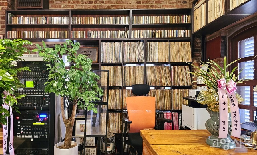 오래된 LP판이 빼곡한 벽면. 