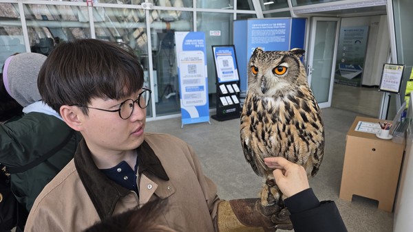 한강생물보전연구센터 관계자가 맹금워크숍에서 수리부엉이에 대해 설명하고 있다.