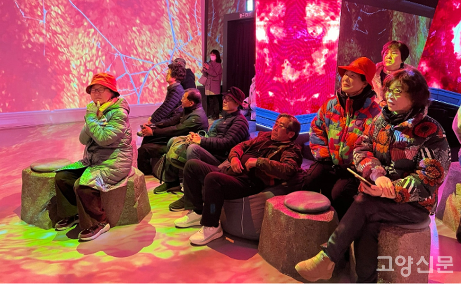 한탄강 세계지질공원센터에서 미디어아트를 관람하고 있는 참가자들. 