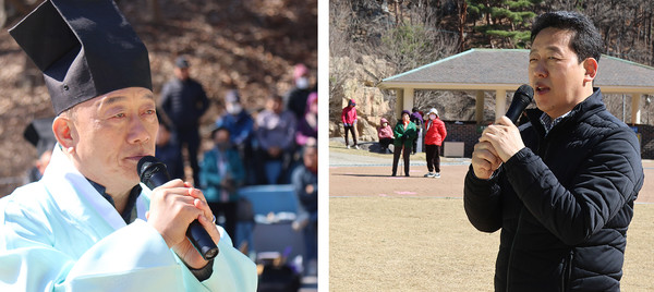 장순복 지도농협 조합장(왼쪽)과 오영석 농협 고양시지부장(오른쪽)이 안전한 산행을 위한 인사말을 전했다.