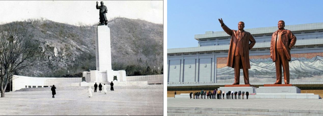 철거된 남산의 이승만 동상(출처-오마이뉴스)과   평양 만수대 김일성 부자 동상(출처-위키피디아)