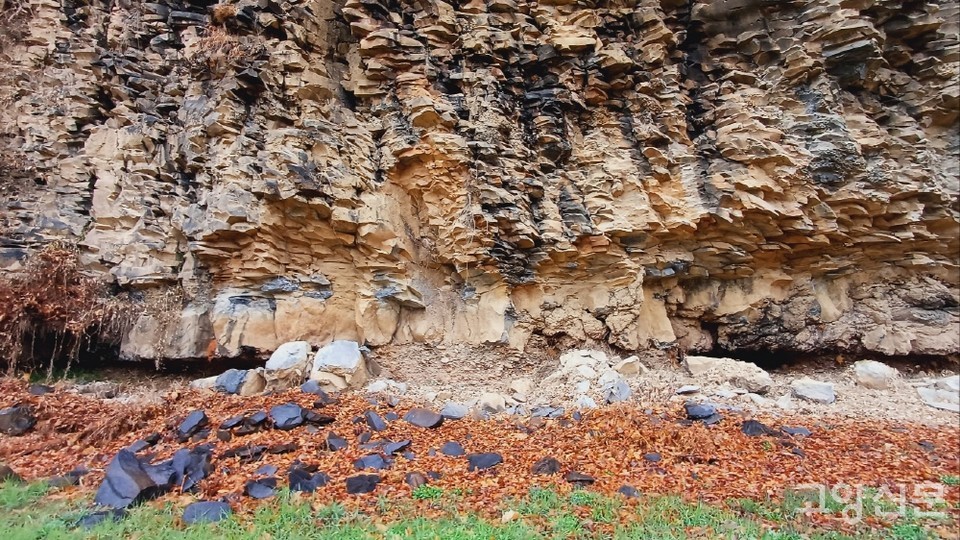 주상절리와 판상절리, 옛 물길의 흔적 등 다채로운 형태의 지질 구조를 살펴볼 수 있는 백의리층.  