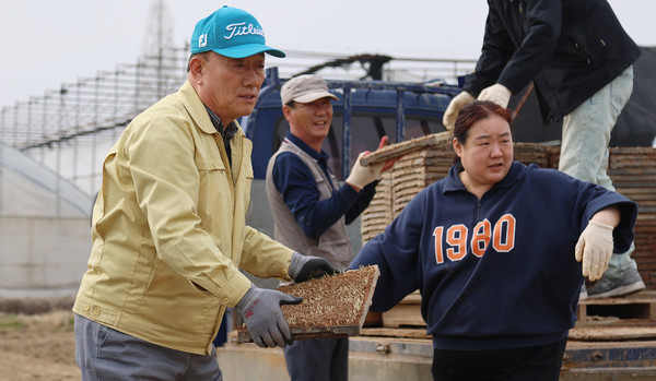 1만9000여판의 모판을 나르는 분주함 속에서도 봉사활동 내내 화기애애한 분위기가 이어졌다.