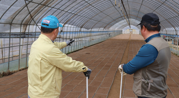 모판 나르기 작업을 마무리하며 선학경 후계농업경영인 지도지구회장(오른쪽)과 장순복 조합장이 이야기를 나누고 있다.