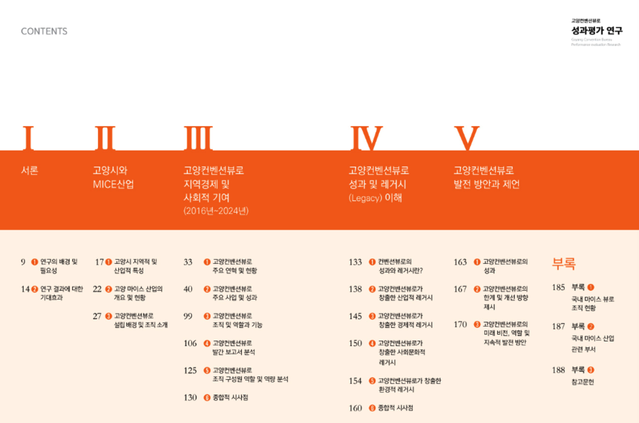 ‘고양컨벤션뷰로 성과평가 연구’ 목차 갈무리 [출처 = 고양컨벤션뷰로 홈페이지 자료실]