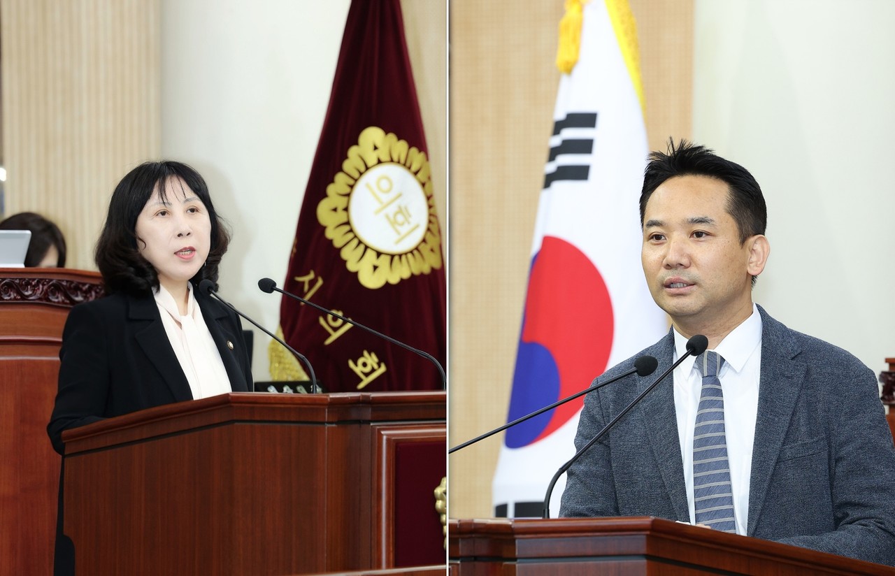 ​단일정당 구성 금지조항 삭제를 골자로 한 의원연구단체 조례개정안을 두고 국민의힘 고덕희 의원(사진 왼쪽)과 더불어민주당 송규근 의원(사진 오른쪽)이 찬반토론을 진행하는 모습