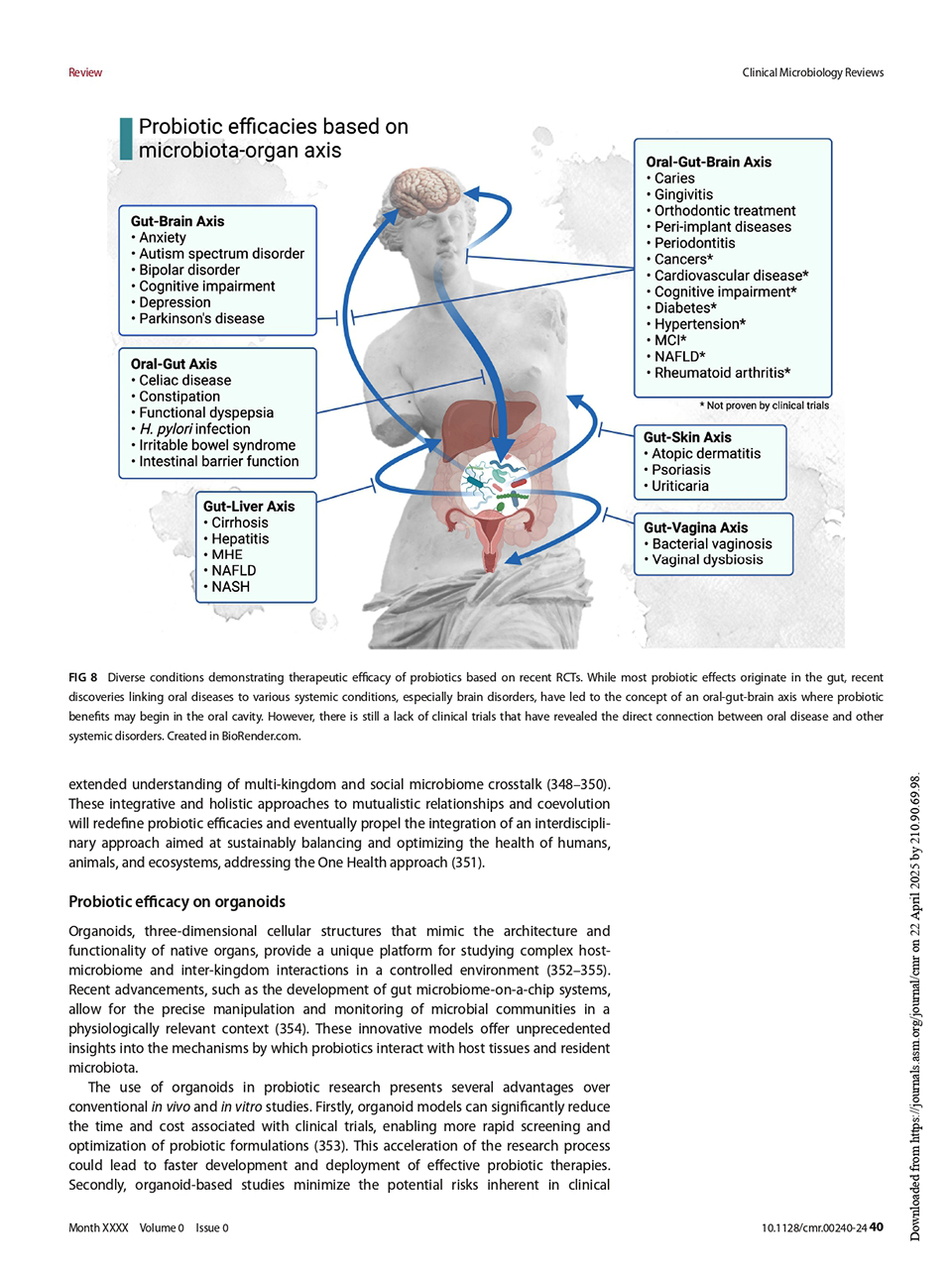 ‘마이크로바이옴-장기 축 (Microbiota-organ axis)’개념으로 살펴본 인체 주요 장기에서 프로바이오틱스의 효과. [이미지 제공 = 사과나무의료재단] 