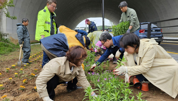 꽃을 심는 고봉동 주민들.