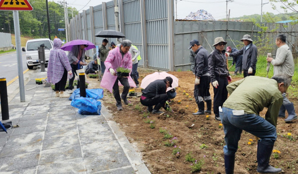 너나 할것 없이 정성스럽게 꽃을 심는 주민들.