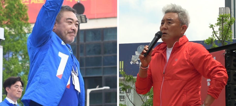 지원유세에 나선 이원종 배우 vs 최준용 배우. 드라마 '야인시대'에서 각각 구마적과 임화수를 연기했던 인연이 있다. 