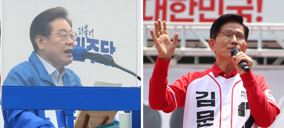 방탄유리의 보호를 받으면 연설하는 이재명 후보 vs 보호장치 없이 청중 앞에 선 김문수 후보. 