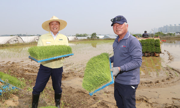 장순복 지도농협 조합장(왼쪽)이 김석창 한국농촌지도자 지도지구회장(오른쪽)과 모내기 현장에 함께 했다.