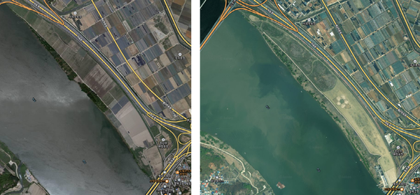 고양한강공원 위성지도. 왼쪽이 2018년, 오른쪽이 2023년 사진이다. [출처=카카오맵]