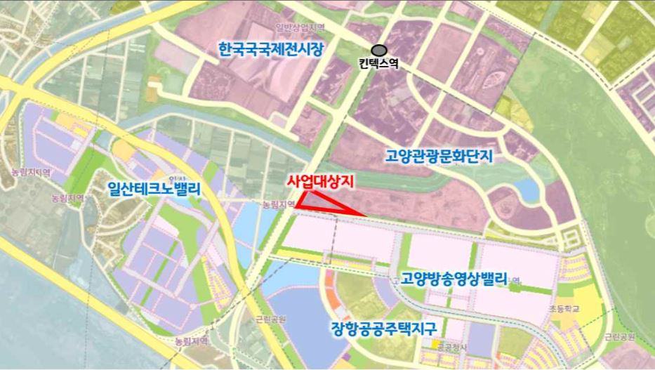 빨간색 테두리 삼각형이 기업성장센터 건립사업 대상지다. 장항동 1818, 1919번지로 고양관광부지 내에 위치할 계획이다.