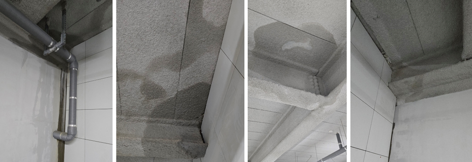 (6월 28일 기준/ 사진 왼쪽부터) 102동 지하5층 A4 벽, 103동 지하5층 E07 천장, 103동 지하5층 C07 천장, 101동 지하 5층 A3 우측천장. [사진 제공 = 입대협]