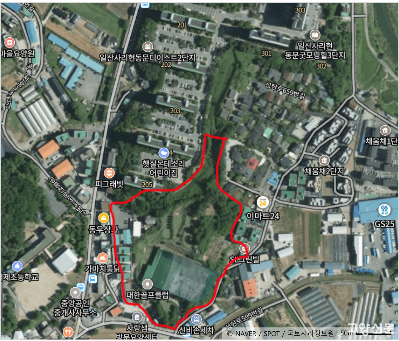 산동구 사리현동 130-3번지 외 17필지 1만8683.58㎡ 부지에 예정된 데이터센터의 예상 경계도. 인근 벽제초등학교와는 100m도 채 떨어져 있지 않으며 아파트와 빌라단지 등과도 인접해 주민들의 반발이 일고 있다.