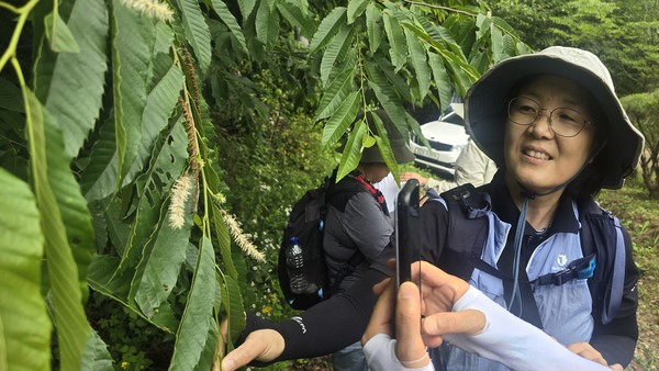 지난달 27일 고양 노고산 옥녀봉에서 숲 해설을 하고 있는 이은정 에코코리아 사무처장. 