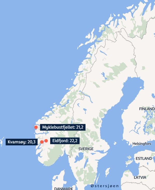 노르웨이 서부 열대야, 7월 13일(현지시각) 노르웨이 기상청 자료 사진 캡처. [이철규 북유럽특파원]